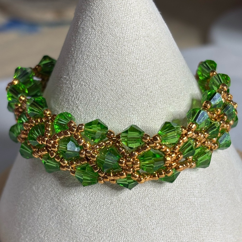 Handmade Elegant Emerald Green Bracelet Czech Bicones and Gold Seed Beads 7 in